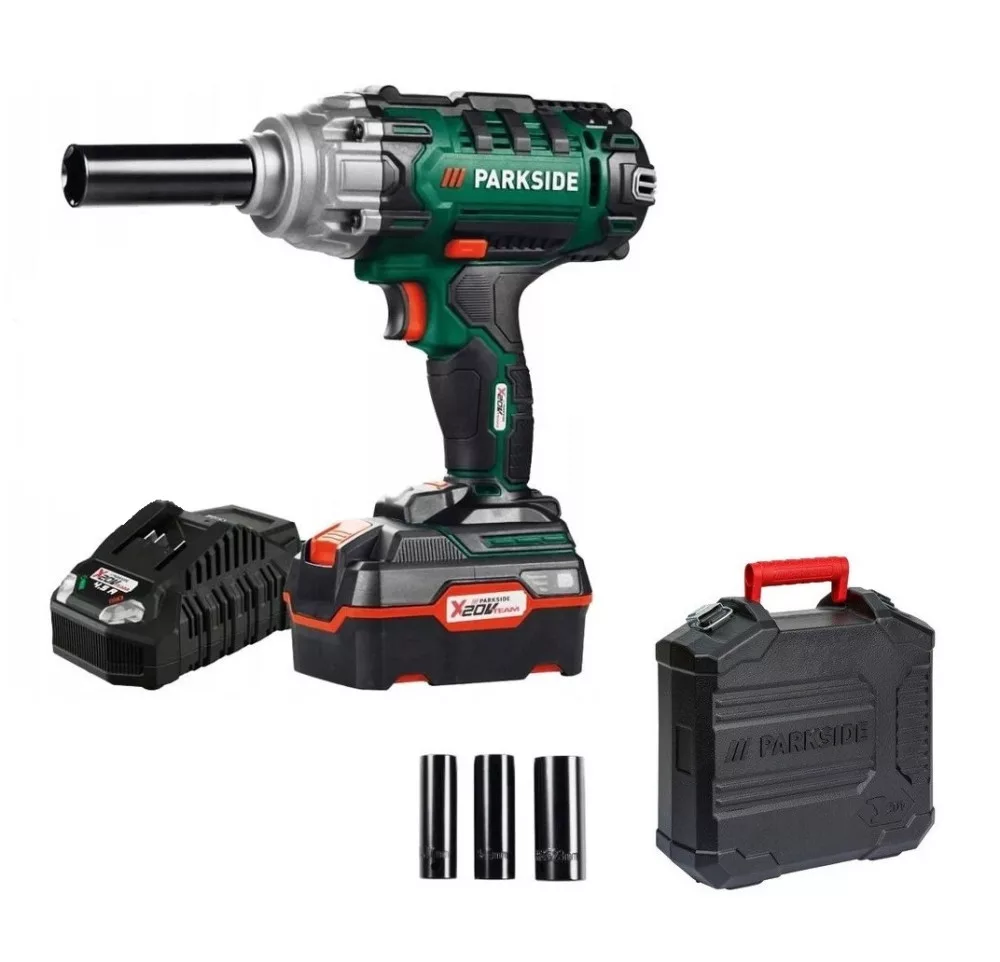 Parkside PASSK 20-Li impact wrench with case, charger, 4 Ah battery and sockets